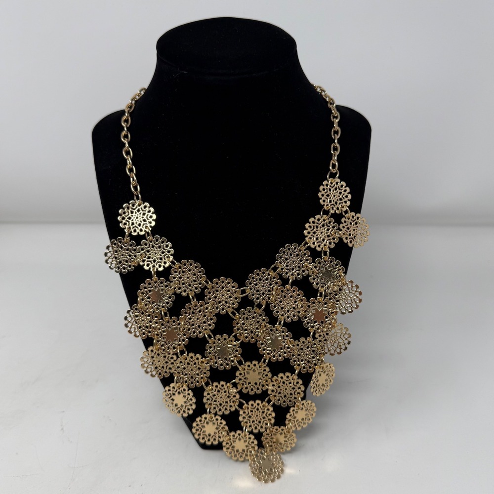 Stella & Dot Gold Floral Filigree Bib Statement Necklace Druzy Boho Glam Chic